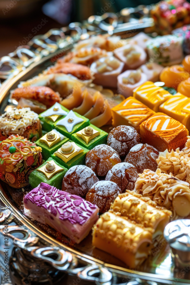 Traditional Eid Sweets Close-Up., Eid feast, Islamic celebration, Family feast. Traditional Eid Sweets Close-Up., Eid feast, Islamic celebration, Family feast.