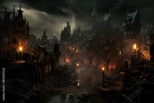 Dark atmospheric scene of a gothic style town at night with eerie lighting © juliars