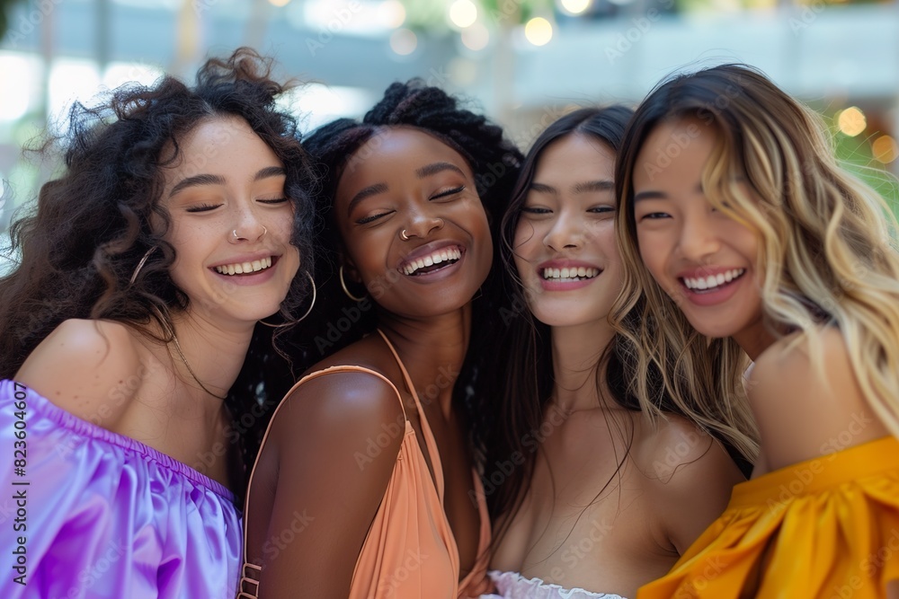 Fototapeta premium Multiethnic group of girls shopping Four beautiful woman
