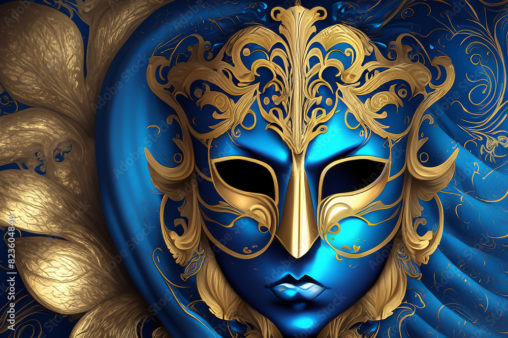 Blaue Karnevalsmaske mit goldenen Verzierungen