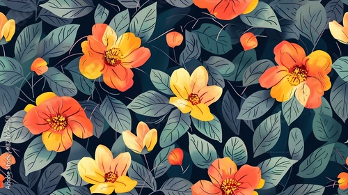 Vibrant Tropical Flower Pattern with Lush Foliage