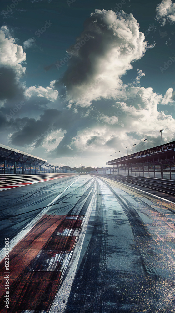 Fototapeta premium View of an empty racing track under a dramatic cloudy sky. Perfect for campaigns focused on motorsports, adrenaline experiences, and the automotive industry