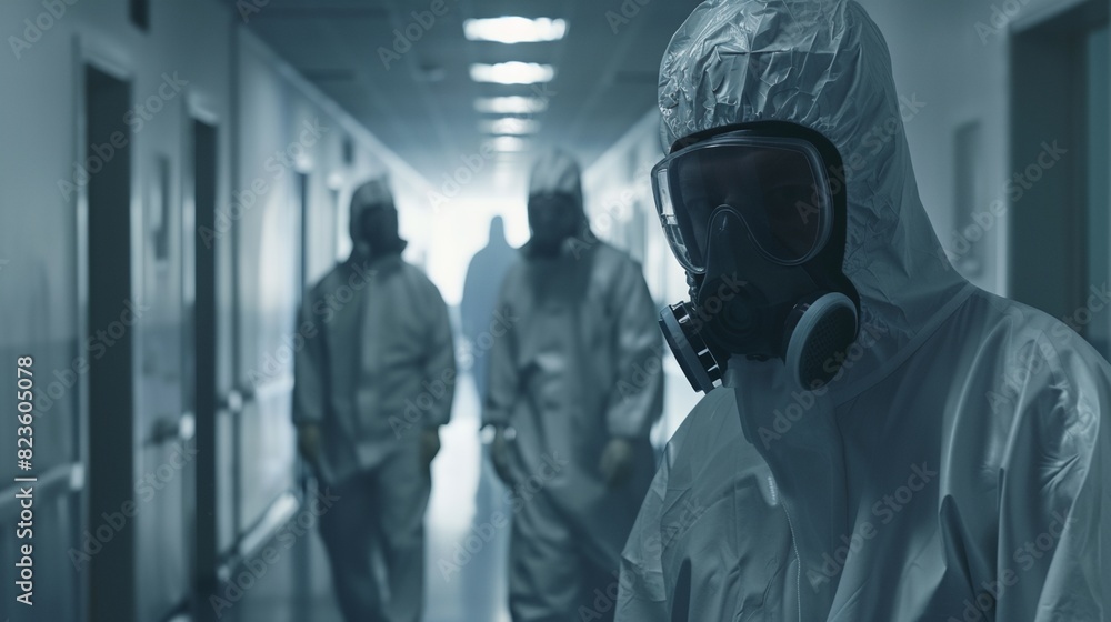 a group of people in protective gear walking down a hallway together a group of people in protective gear walking down a hallway together