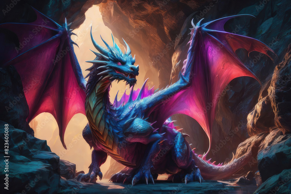 Generative AI, Fantasy dragon nestled within a hidden cave in stunning mountains. The dragon, with its shimmering scales and fiery eyes, adds a mystical aura to the already captivating landscape. Generative AI, Fantasy dragon nestled within a hidden cave in stunning mountains. The dragon, with its shimmering scales and fiery eyes, adds a mystical aura to the already captivating landscape.