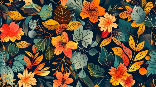 Wallpaper Mural Vibrant Autumn Floral Pattern with Lush Tropical Foliage and Blooming Botanical Elements Torontodigital.ca