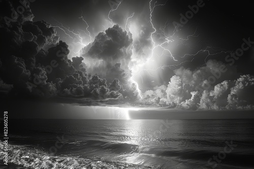 Lightning Over the Ocean in Black and White