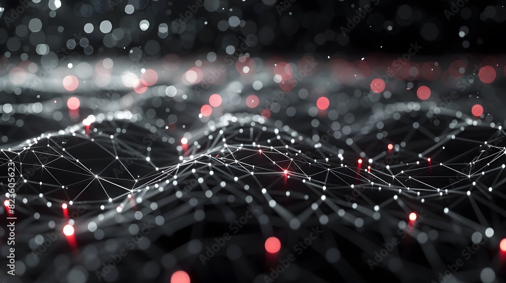 Abstract 3D rendering of a digital data landscape with interconnected nodes and glowing lights on a dark background. Abstract 3D rendering of a digital data landscape with interconnected nodes and glowing lights on a dark background.
