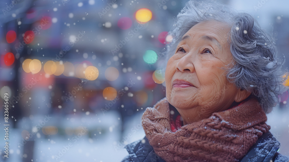 Happy elderly asian lady looking at the snow Happy elderly asian lady looking at the snow