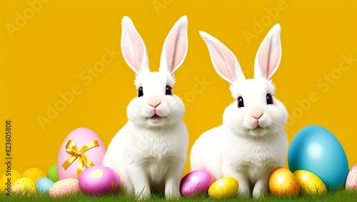 two white rabbits sitting next to each other in front of eggs on a yellow background