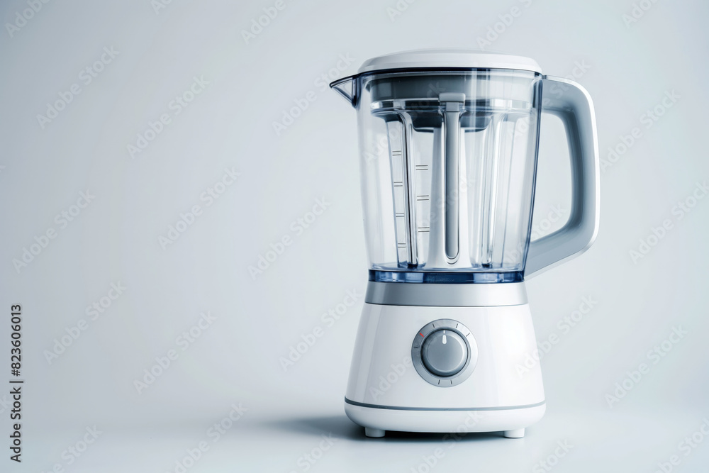 Sleek white kitchen blender stands isolated on a smooth, light blue background, showcasing its contemporary design and simplicity for versatile culinary applications Sleek white kitchen blender stands isolated on a smooth, light blue background, showcasing its contemporary design and simplicity for versatile culinary applications