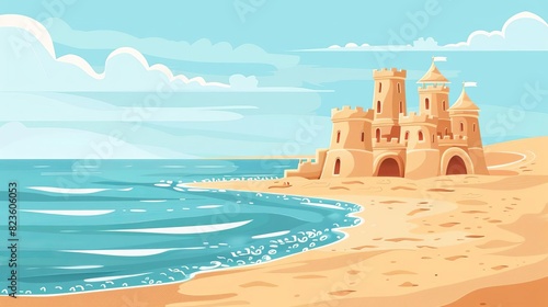 summer activities going to the beach setup flat design side view sandcastle building water color Monochromatic Color Scheme photo