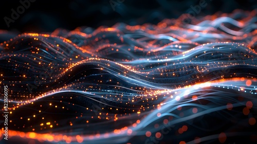 Abstract close-up of dynamic waves with glowing dots and lines, representing futuristic technology and data flow in a digital landscape.
