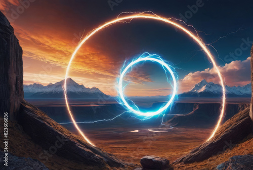 A fantastic landscape with a magical neon circle circle.