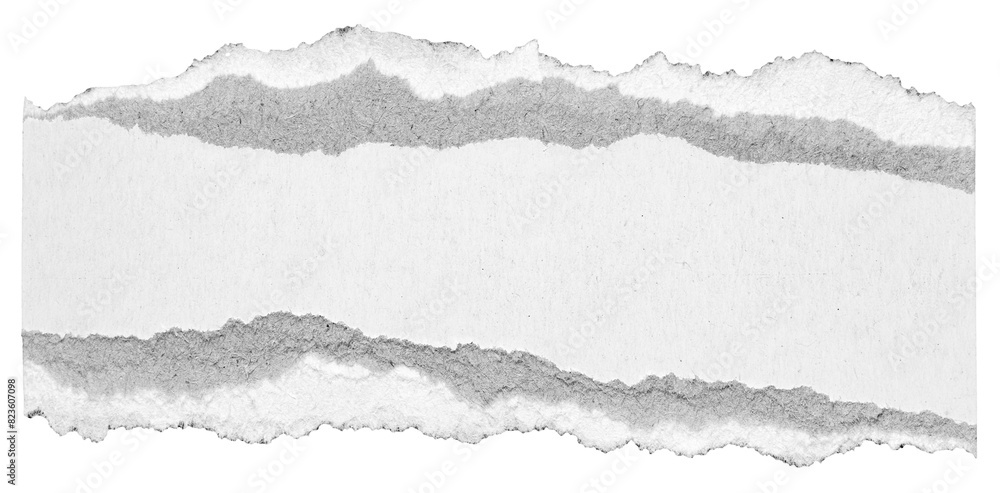 Naklejka premium Isolated cut out torn piece of blank white gray paper note cardboard with texture and copy space for text, transparent png background design element