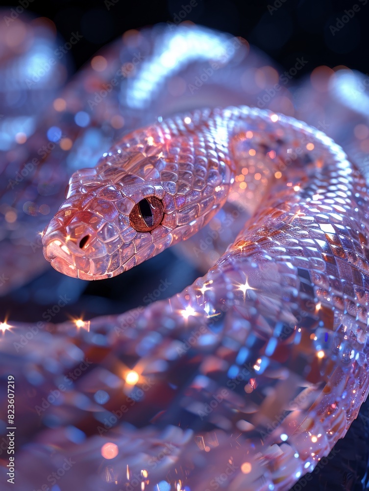 Fototapeta premium 3D snake, New Year, made of clear diamonds, shiny translucent, simple bright clear background with diamond texture,Shimmering Diamond Snake - Glowing 3D Serpent Symbolizing Prosperity and Renewal, 4K 