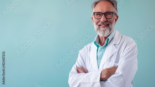 Middle age senior hoary professional man wearing white coat over isolated background happy face smiling with crossed arms looking at the camera. photo