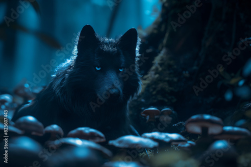 Lobo negro em uma floresta de cogumelos com iluminação cinematográfica photo