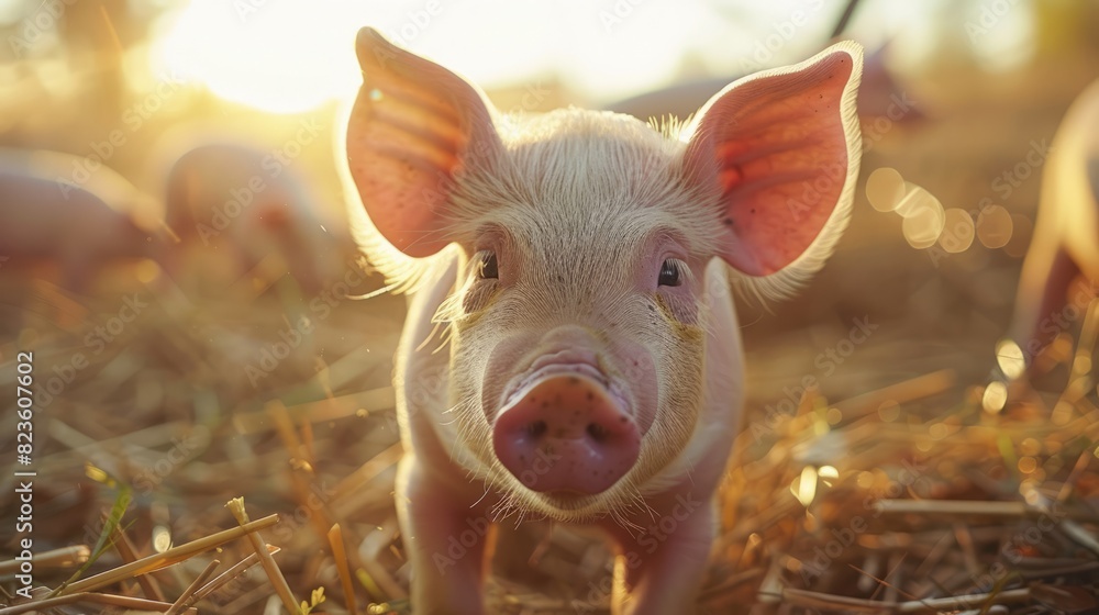 Close-up of a young pig in a farm setting with soft lighting. Close-up of a young pig in a farm setting with soft lighting.
