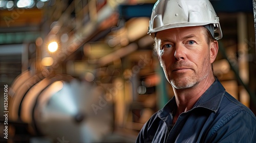 Portrait of a male professional mechanical engineer at a metal factory, wearing a white safety hard hat helmet and glancing at the camera photo