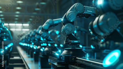A row of robotic arms with blue illumination efficiently working on an assembly line in a modern factory setting.