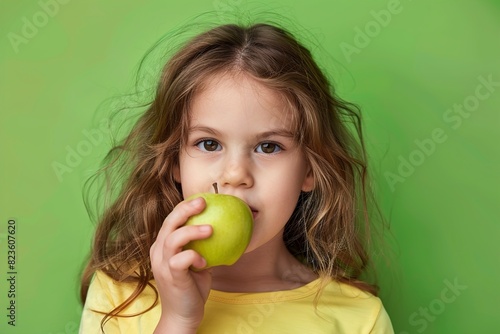 Pretty girl biting fresh apple over green background