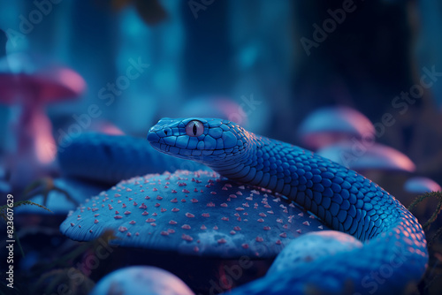 Cobra azul em uma floresta de cogumelos com ilumina    o cinematogr  fica 