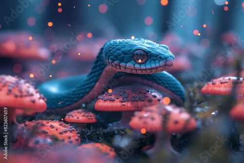 Cobra azul em uma floresta de cogumelos com iluminação cinematográfica  photo