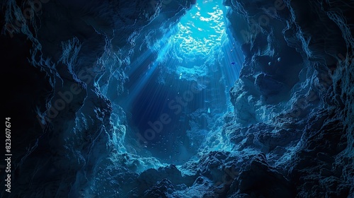 Underwater Sea Deep Abyss With Blue and bright lighting
