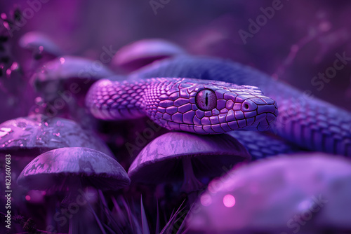 Cobra roxa em uma floresta de cogumelos com iluminação cinematográfica 