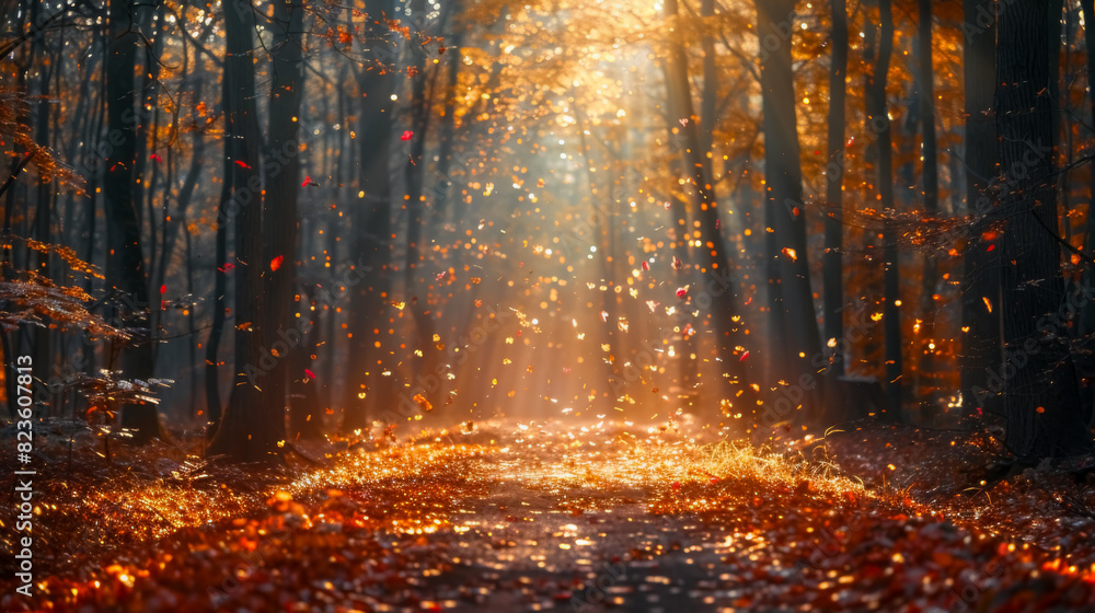 Golden Autumn Forest with Falling Leaves Golden Autumn Forest with Falling Leaves