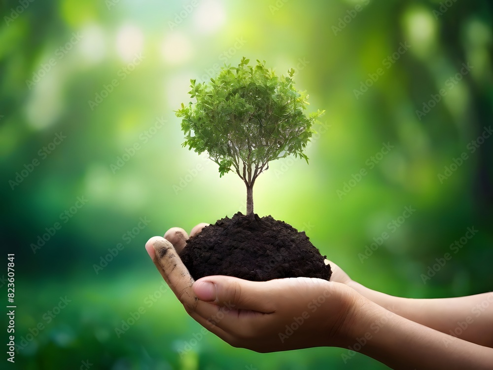 A hand holding a small tree like soil, Green World Earth Day A hand holding a small tree like soil, Green World Earth Day