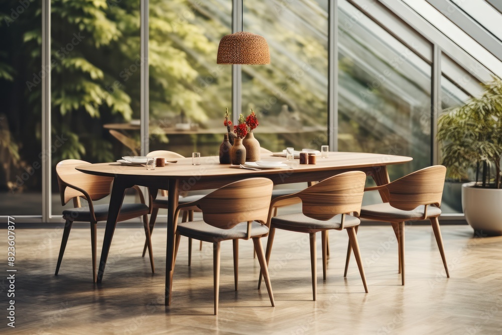 Interior of modern luxury dining room. Elegant Minimalist kitchen or dining room. kitchen. dining room. Beautiful Dining Room and Kitchen in New Luxury Home. Has Open Concept Floor Plan.