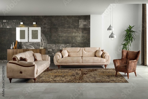 Tableau sur toile 3D rendering modern living room .modern furniture set.