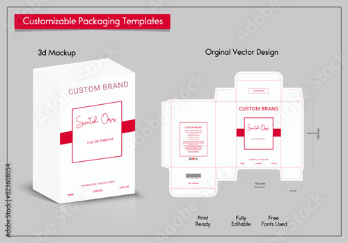 Premium Perfume Packaging Design Luxury 3d Box die line, Box Mockup labels, frames and Design elements, 3d Illustration, Vector design Template.