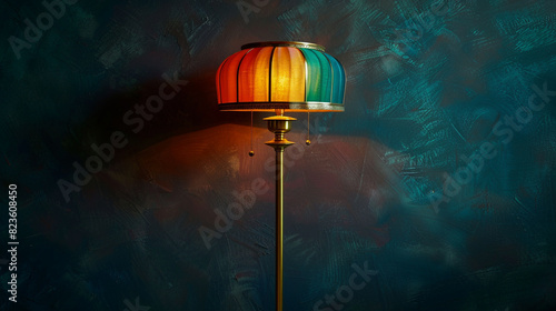 Vintage brass floor lamp with a colorful lampshade glowing warmly. photo