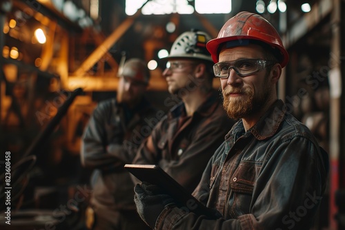 Portrait smiling workers with digital tablet in steel