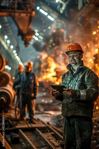 Portrait smiling workers with digital tablet in steel