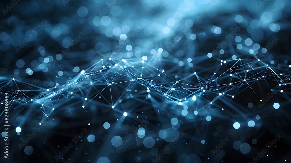 Abstract digital network connection in blue light, illustrating data flow and internet technology. Futuristic concept design of interconnected nodes.