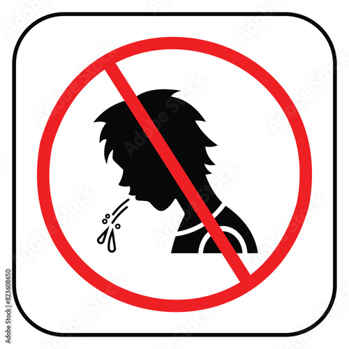 No spitting icon sign illustration with red circle cross isolated on square white background. Simple flat cartoon art styled drawing for poster prints.