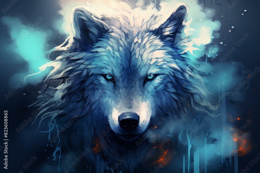 Captivating digital artwork of a blue wolf with a vibrant abstract aura Captivating digital artwork of a blue wolf with a vibrant abstract aura