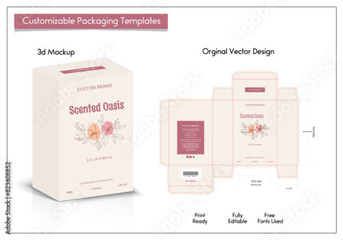 Perfume Packaging design, luxury box design template, Box die line, 3d Box Mockup, and Design elements. Illustration Vector design Template.