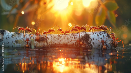 Teamwork concept  ants building bridge at sunset photo