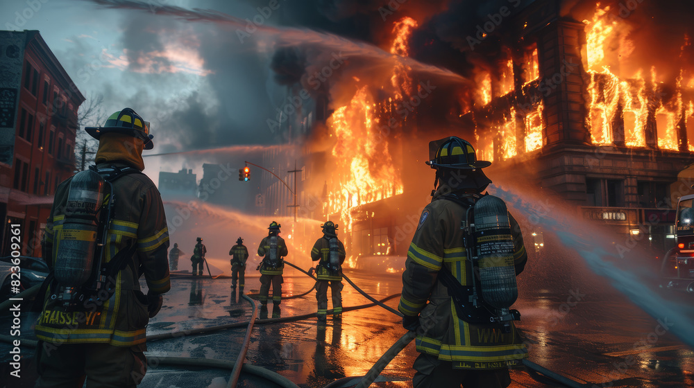 Naklejka premium Team of firefighters extinguishing blazing flames from a building 