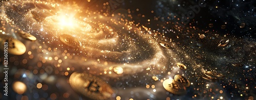 A group of golden coins, surrounded by light particles and glowing swirls, with the background being dark black space. The bitcoin is scattered on top of it. There's an abstract spiral pattern in fron photo