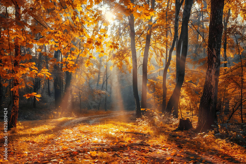 Golden autumn forest with sunlight streaming through the trees, symbolizing change and the beauty of transition. Ideal for campaigns promoting seasonal products, outdoor activities, or travel