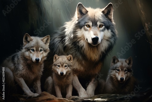 Digital illustration of a wolf pack with an alpha male, showcasing their intense gaze and pack unity