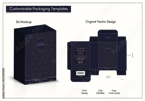 Box Design elements, luxury box labels, icons, frames, packaging, and design of Fragrance Box products. for perfume,soap, Made with golden foil.Isolated on a black background. vector illustration