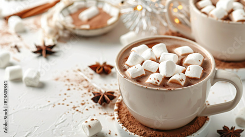 Tasty hot chocolate with marshmallows and ingredients