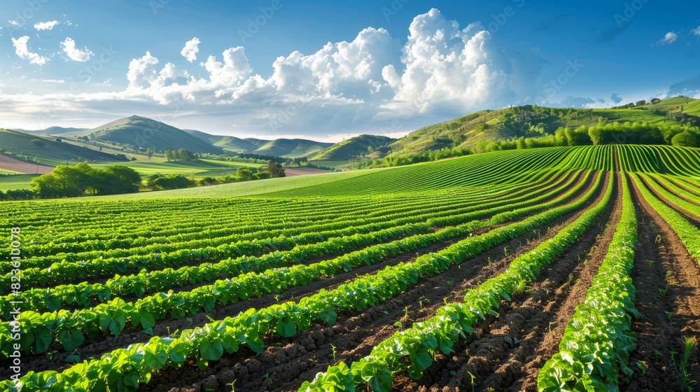 Aerial view of sunlit crop fields with rows of crops resembling striped patterns Aerial view of sunlit crop fields with rows of crops resembling striped patterns