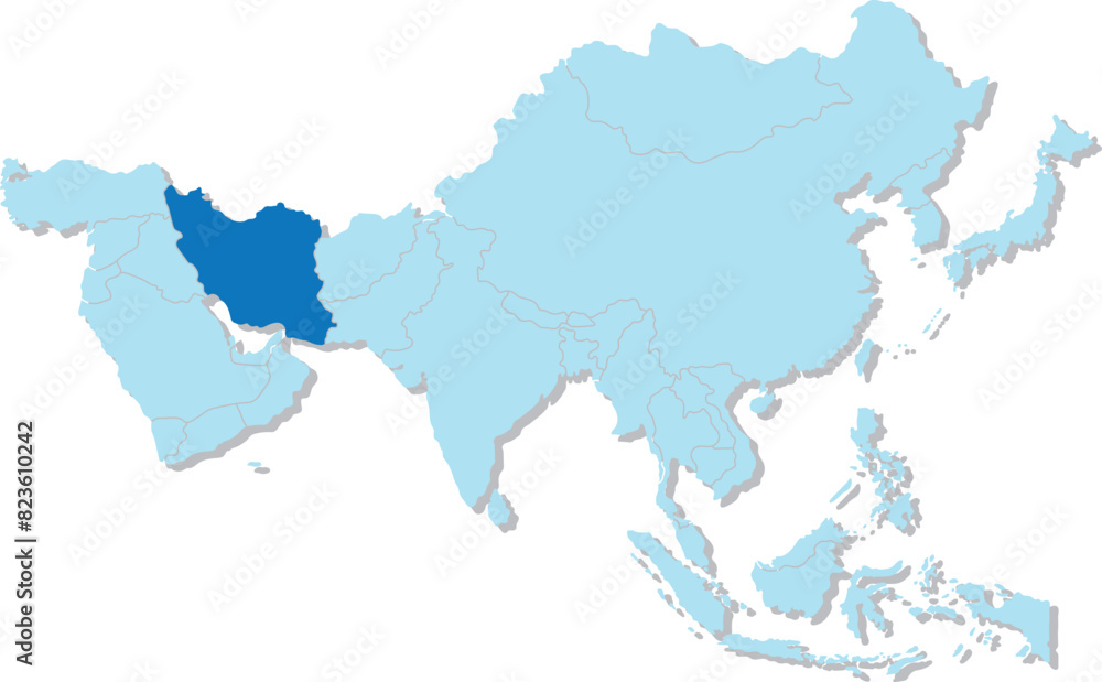 Fototapeta premium Highlighted blue map of IRAN inside light blue 3D blank political map of Asia orthographic projection on transparent background, without Russia